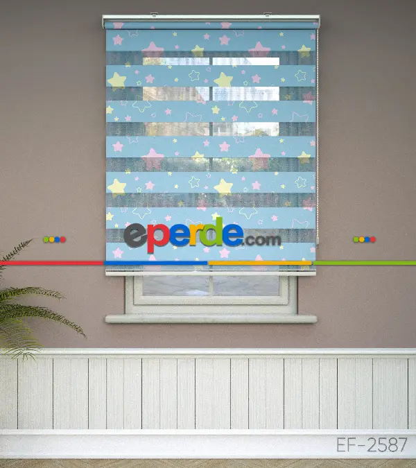 Yıldız Desenli Baskılı Zebra Perde- Çok Renkli