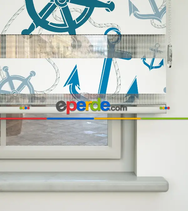 Bebek Odası Zebra Perde - Çapa Ve Dümen Baskılı Zebra Perde- Mavi-Beyaz