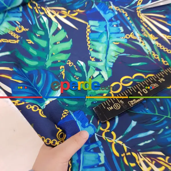 Yatak Odası - Tropikal Yaprak Desenli Fon Perde Evm1008 Kumaşı Kalındır Duck Bezi Değildir- Yeşil-Mavi