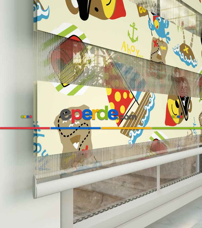 Bebek Odası Zebra Perde - Denizci Baskılı Zebra Perde- Mavi-Kırmızı-Beyaz-Hardal Sarısı