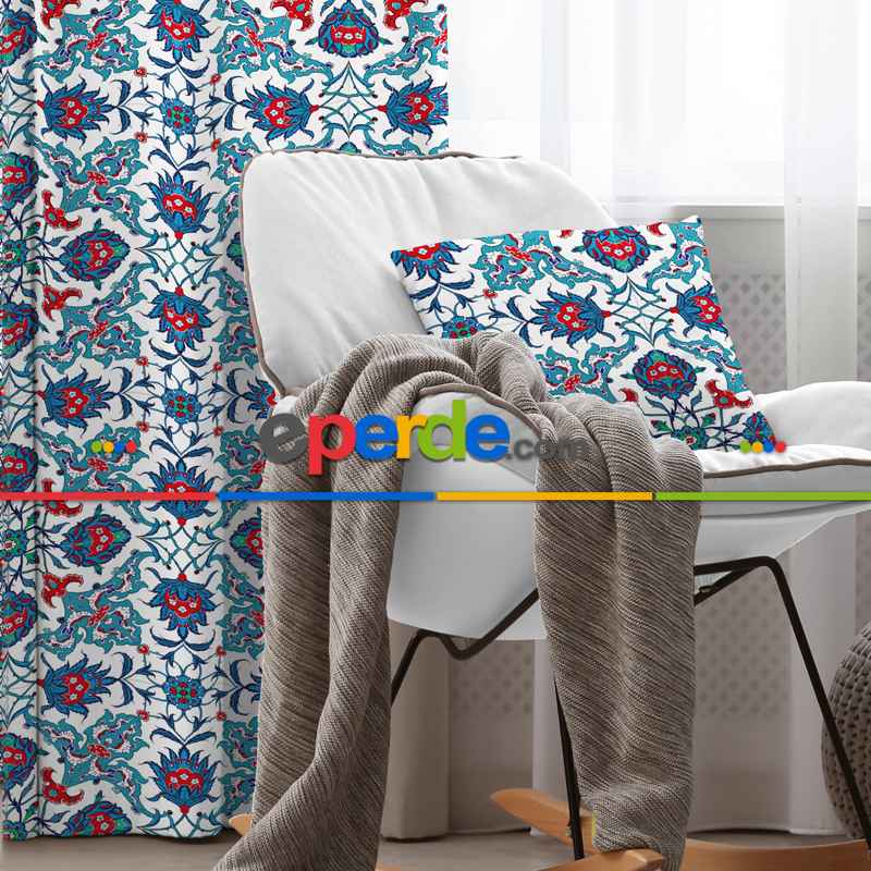 Etnik Desenli Fon Perde Evim306 Kumaşı Kalındır Duck Bezi Değildir- Mavi-beyaz