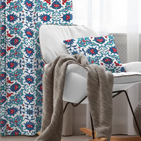 Etnik Desenli Fon Perde Evim306 Kumaşı Kalındır Duck Bezi Değildir- Mavi-beyaz