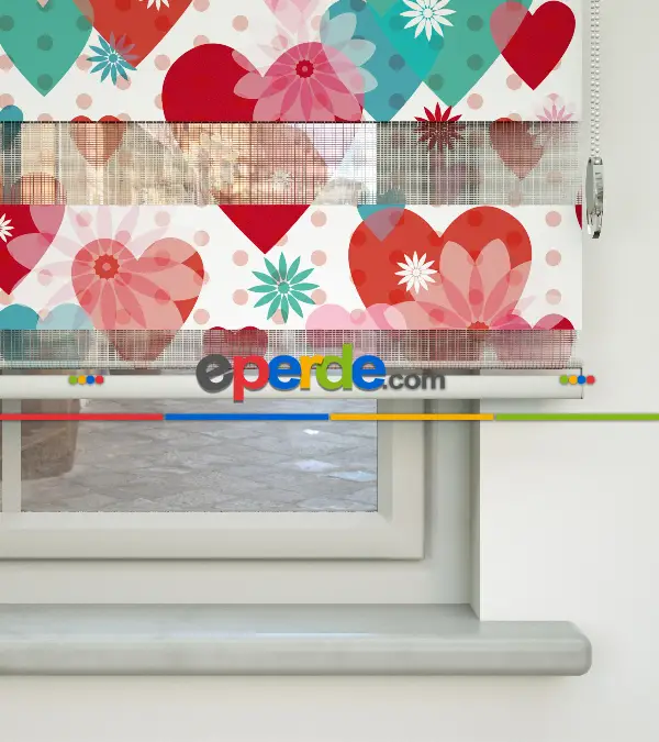 Çocuk Odası Zebra - Kalp Desenli Baskılı Zebra Perde- Çok Renkli