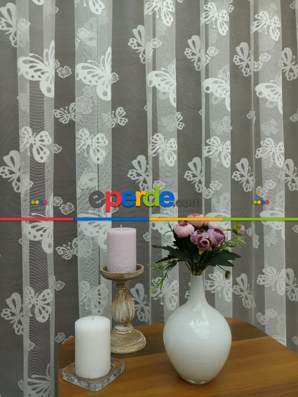 Çocuk Odası Tül Perde - Kelebek Tül Perde- Ekru