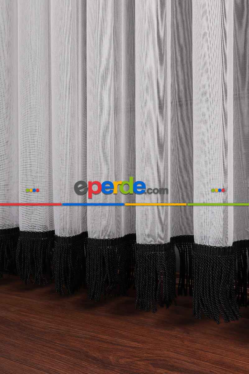 Yeni Trend Eteği Siyah Saçaklı Keten Tül Perde