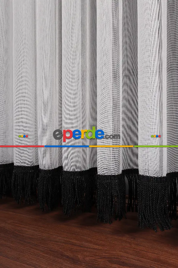 Yeni Trend Eteği Siyah Saçaklı Keten Tül Perde