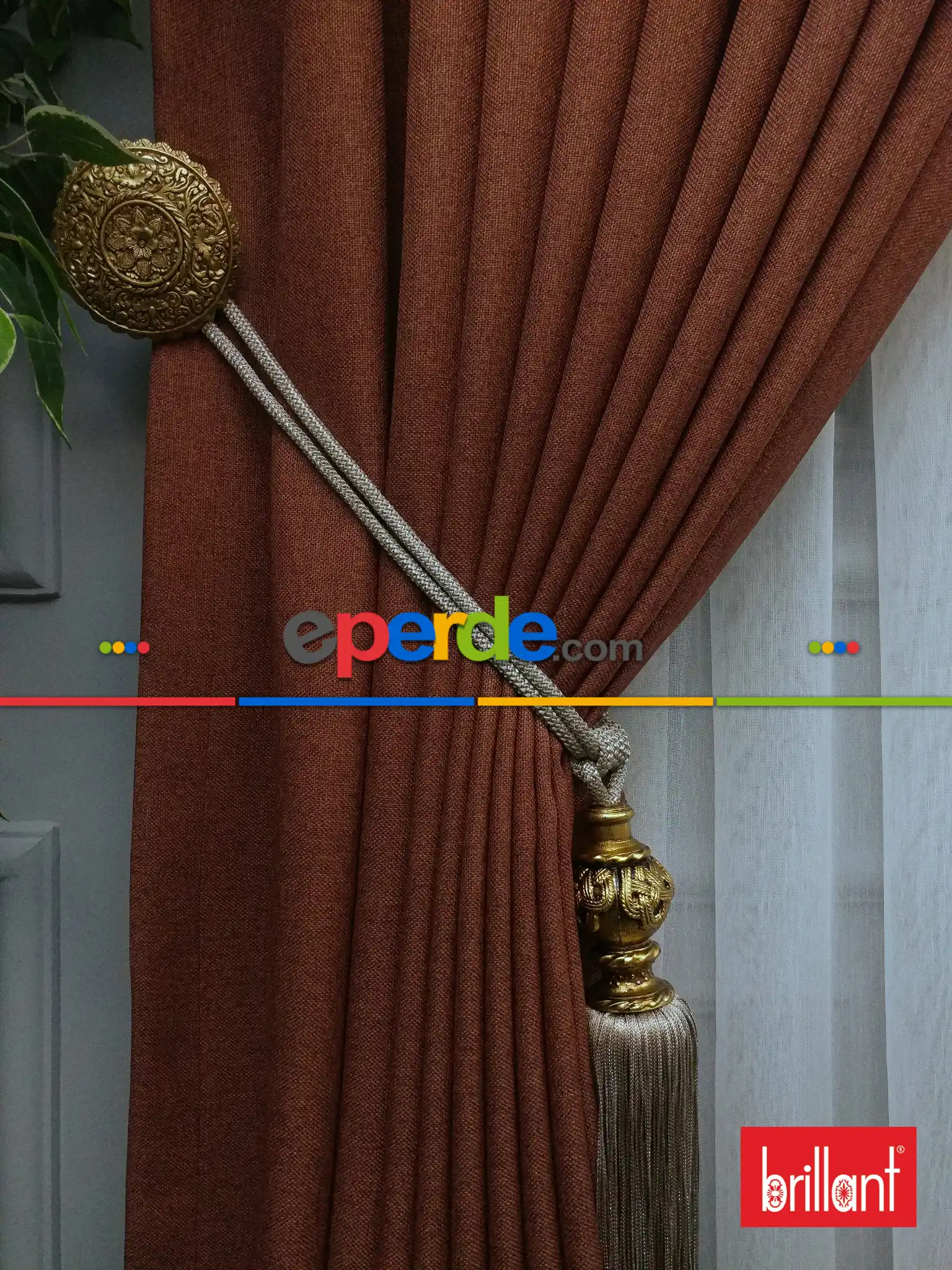 Salon Fon - Brillant Keten Kiremit Renk Düz Fon Perde - Kiremit Rengi