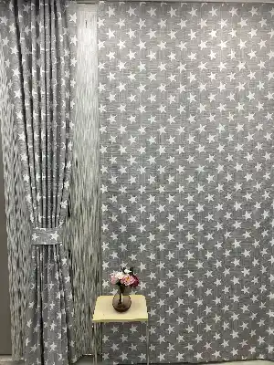 Bebek Odası Fon Perde - Keten Görünümlü Yıldız Fon Perde- Gri Açık