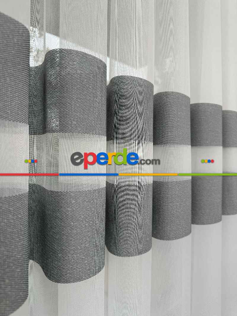 Bambu Gri Enine Bantlı Tül Perde - Premium Seri Kurşunlu Tül