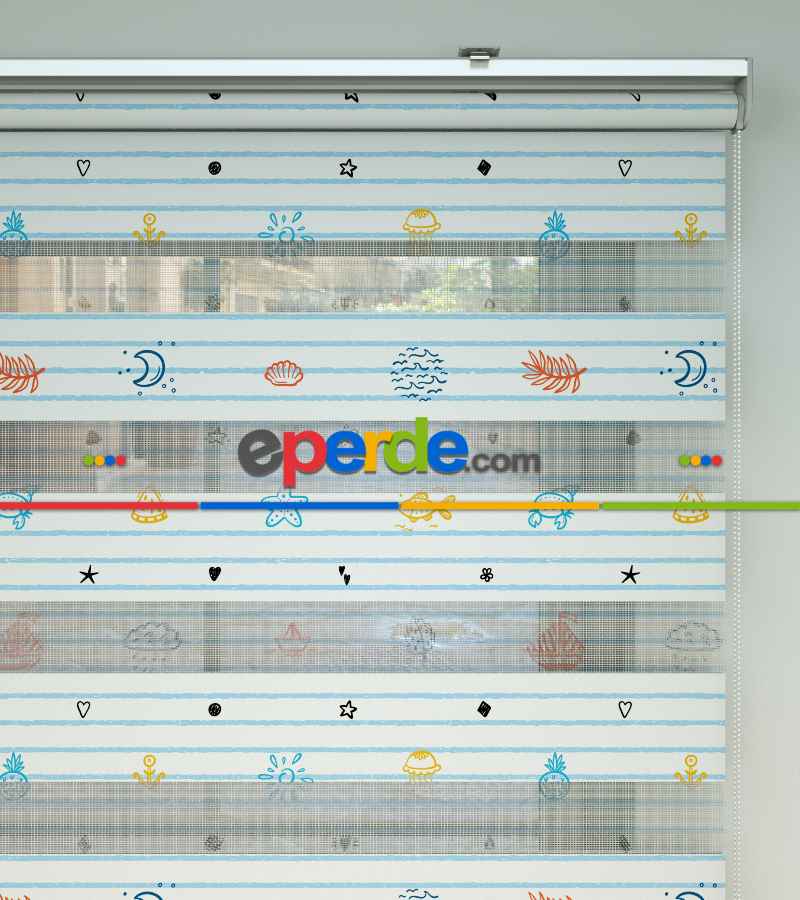 Denizci Desen Baskılı Zebra Perde- Çok Renkli