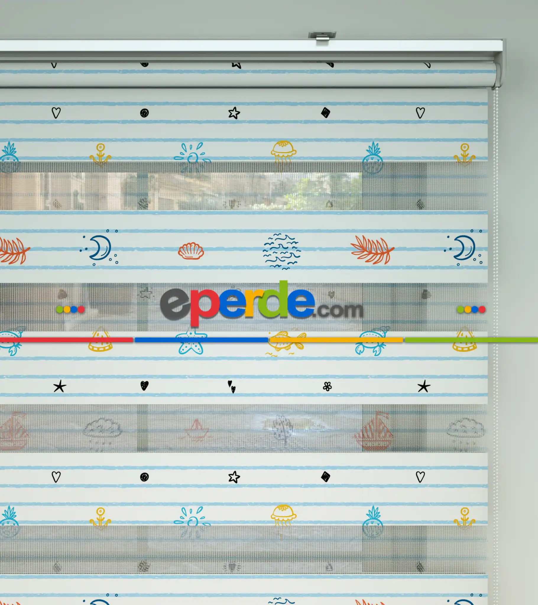 Bebek Odası Zebra Perde - Denizci Desen Baskılı Zebra Perde- Çok Renkli