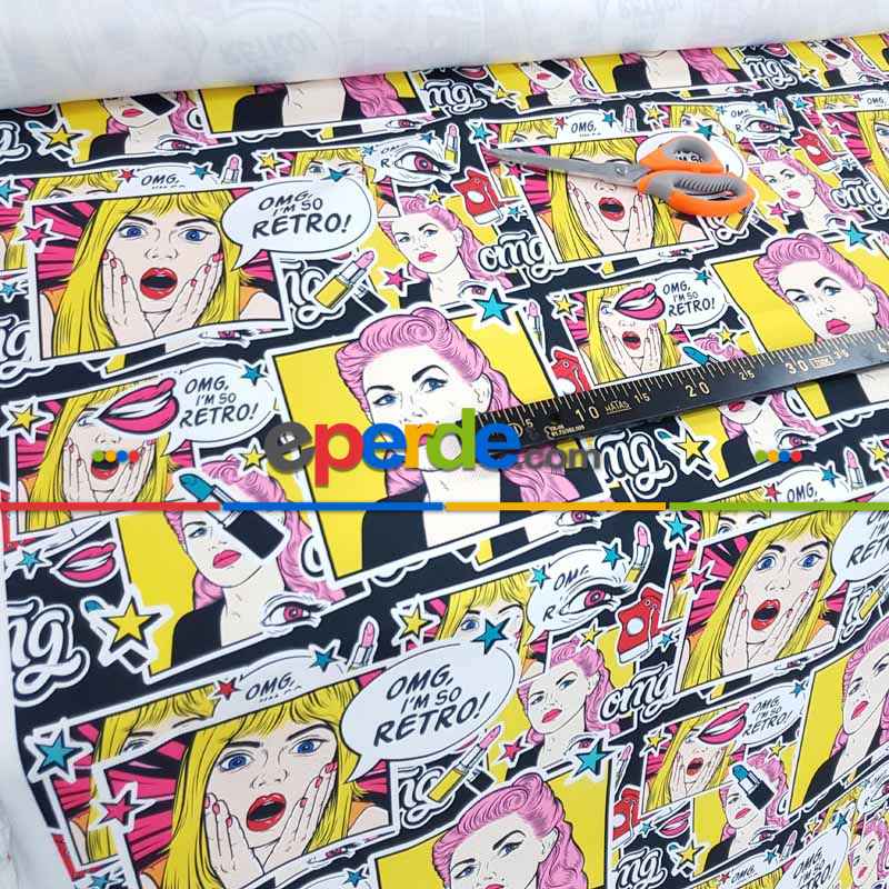 Popart Desenli Fon Perde Evm1072 Kumaşı Kalındır Duck Bezi Değildir- Siyah-Sarı-Pembe Koyu