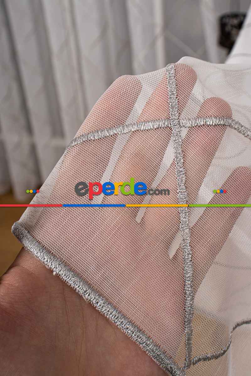 Salon Tül - Geometi Nakış Işlemeli Tül Perde Ekru - Gümüş Simli