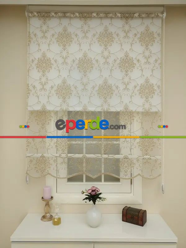 Yatak Odası - Yakma Tül Stor - Çiftli Sistem Desenli Perde (burn Out)- Nohut Rengi-açık Vizon