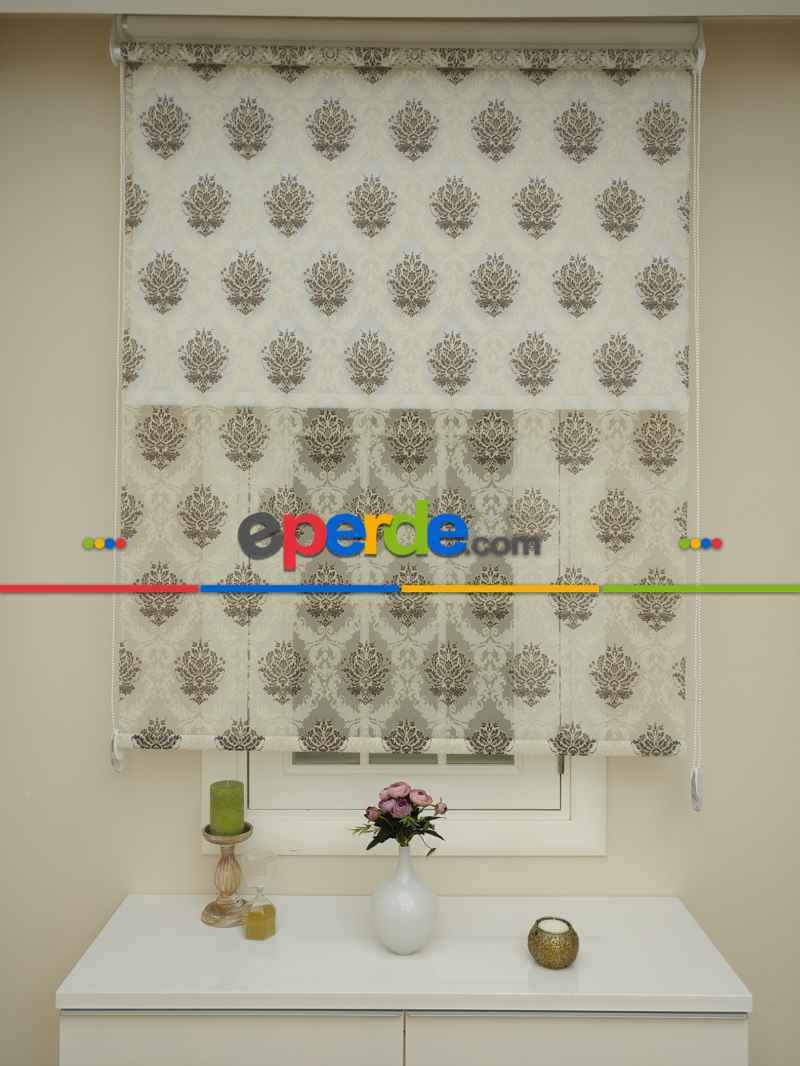 Salon - Yakma Tül Stor - Çiftli Sistem Desenli Perde (burn Out)- Kahve-açık Vizon