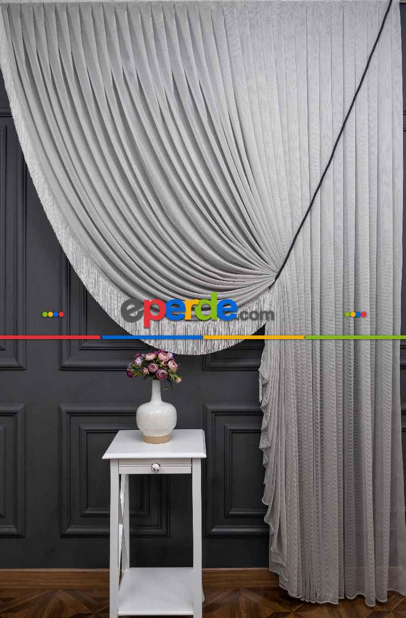 Salon Tül - Gri Monalisa Yalancı Kruvaze - Halat İle Tülden Fon - Yana Toplamalı Tül - Kordon Toplama Tül - Çift Veya Tek Kanat - Aksesuar İlave Ücretlidir - Kurşunlu Tül