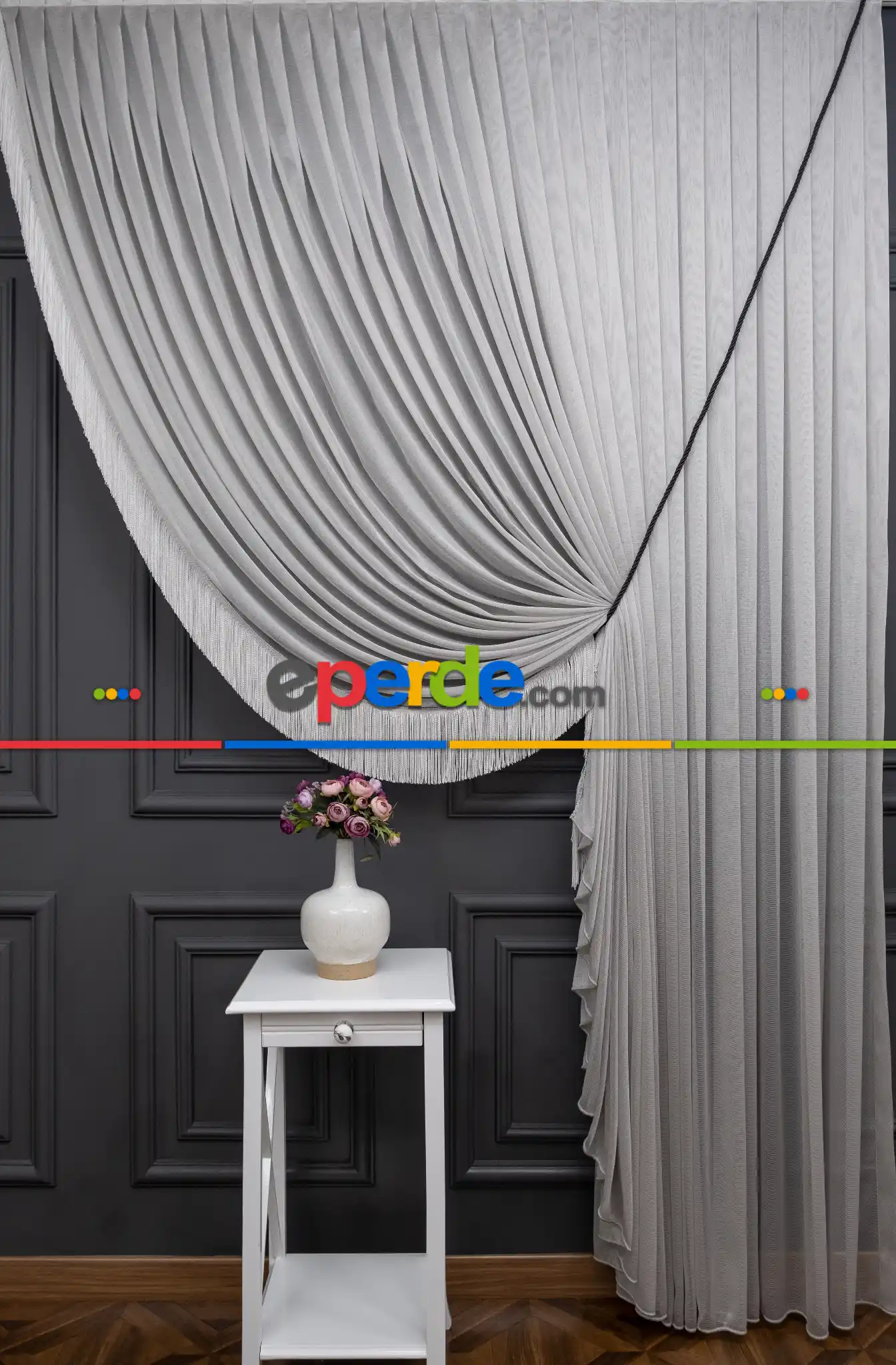 Gri Monalisa Yalancı Kruvaze - Halat İle Tülden Fon - Yana Toplamalı Tül - Kordon Toplama Tül - Çift Veya Tek Kanat - Aksesuar İlave Ücretlidir - Kurşunlu Tül