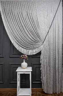 Gri Monalisa Yalancı Kruvaze - Halat İle Tülden Fon - Yana Toplamalı Tül - Kordon Toplama Tül - Çift Veya Tek Kanat - Aksesuar İlave Ücretlidir - Kurşunlu Tül