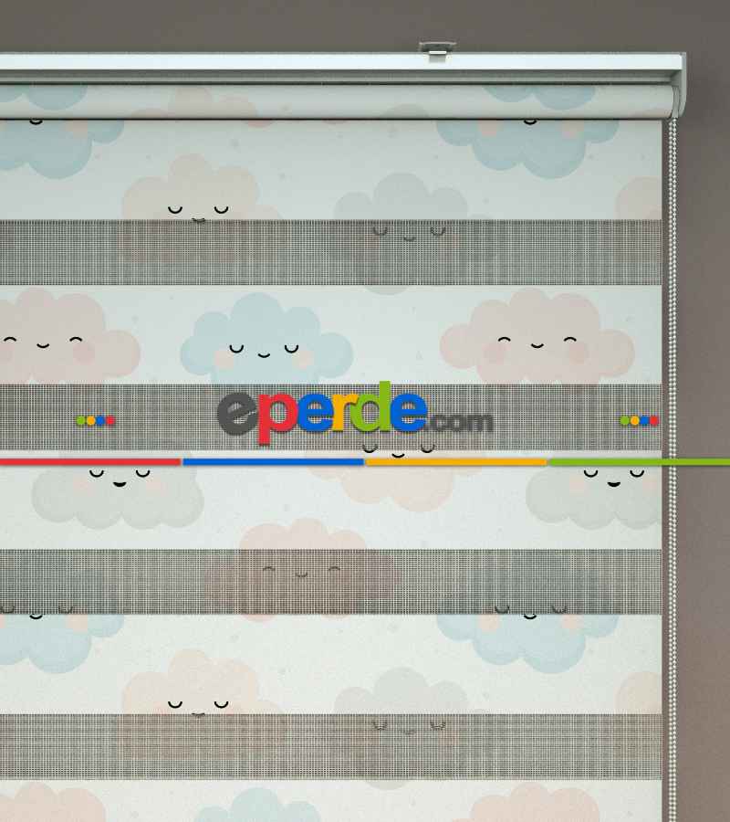 Çocuk Odası - Bulut Desenli Baskılı Zebra Perde- Çok Renkli