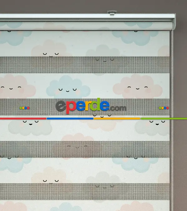 Bulut Desenli Baskılı Zebra Perde- Çok Renkli