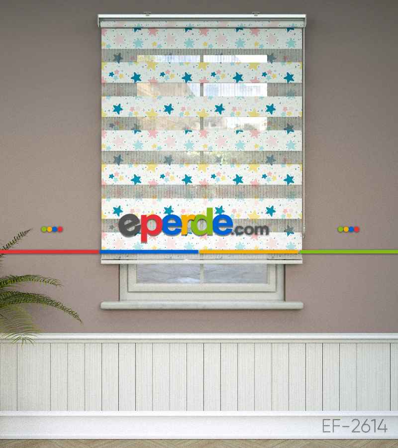 Yıldız Desenli Baskılı Zebra Perde- Çok Renkli