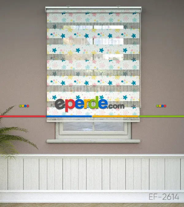 Yıldız Desenli Baskılı Zebra Perde- Çok Renkli