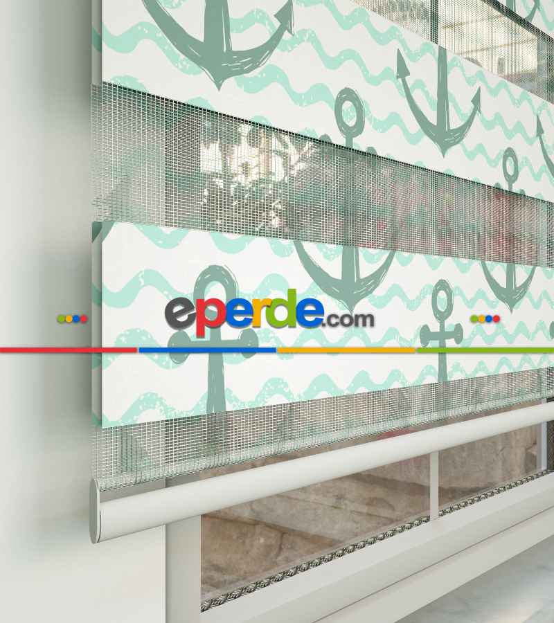 Çapa Baskılı Zebra Perde- Beyaz-su Yeşili