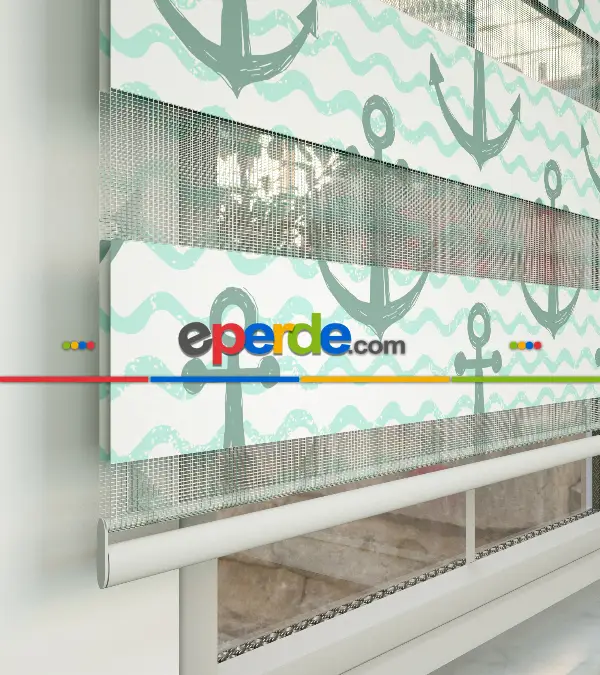 Bebek Odası Zebra Perde - Çapa Baskılı Zebra Perde- Beyaz-Su Yeşili