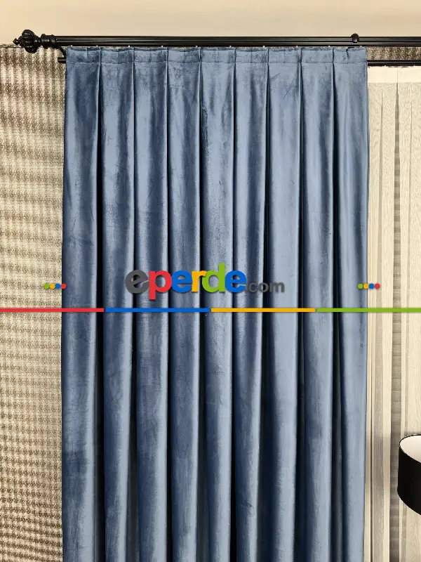 Yatak Odası - Mavi İthal Kadife Fon Perde, Premium Kalite Serisi Kadife Fon Perde