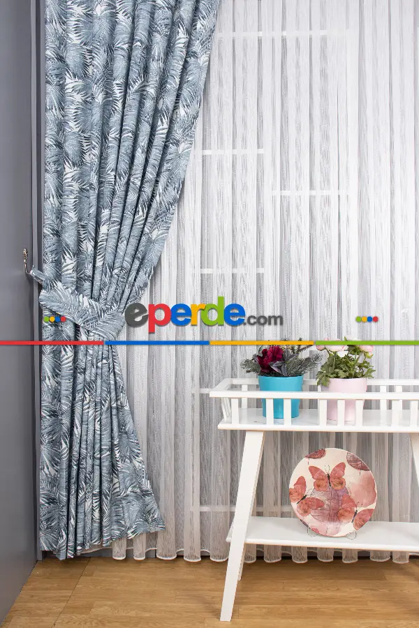 Yatak Odası - Tropikal Yaprak Desenli Fon Perde(leke Tutmaz)-  Çok Renkli 2