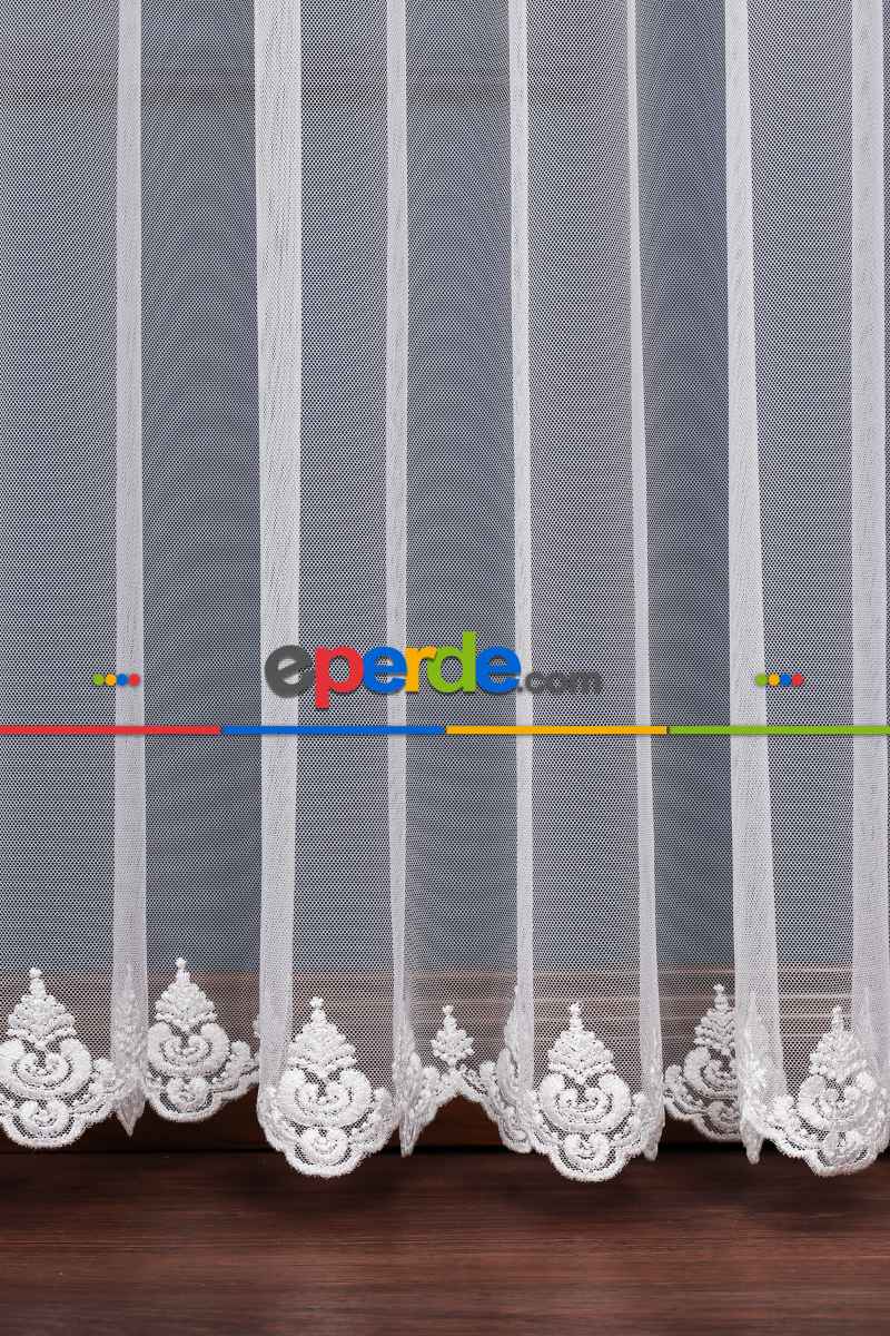 Mutfak Grek Etek Ucu İşlemeli Nakış Damaks Tül Ekru Renk - Kırık Beyaz- Ekru