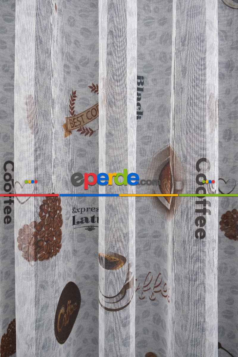 Mutfak Perdesi Kahve Fincan Desenli Tasarım Desen Model Kafe Tül Perdesi - Kurşunlu Tül