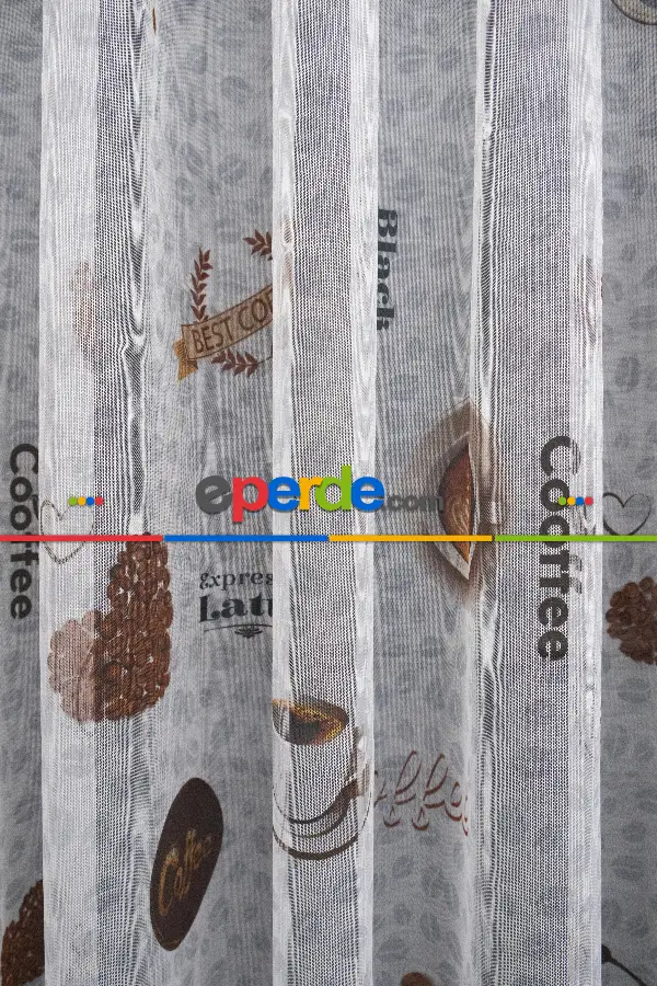 Mutfak Perdesi Kahve Fincan Desenli Tasarım Desen Model Kafe Tül Perdesi - Kurşunlu Tül