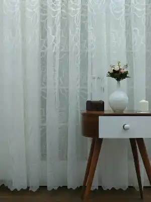 Floş Örme Desenli Tül Perde ( Hazır Ölçü 1/2.5 Normal Pile )- Ekru 200cm X 195cm 