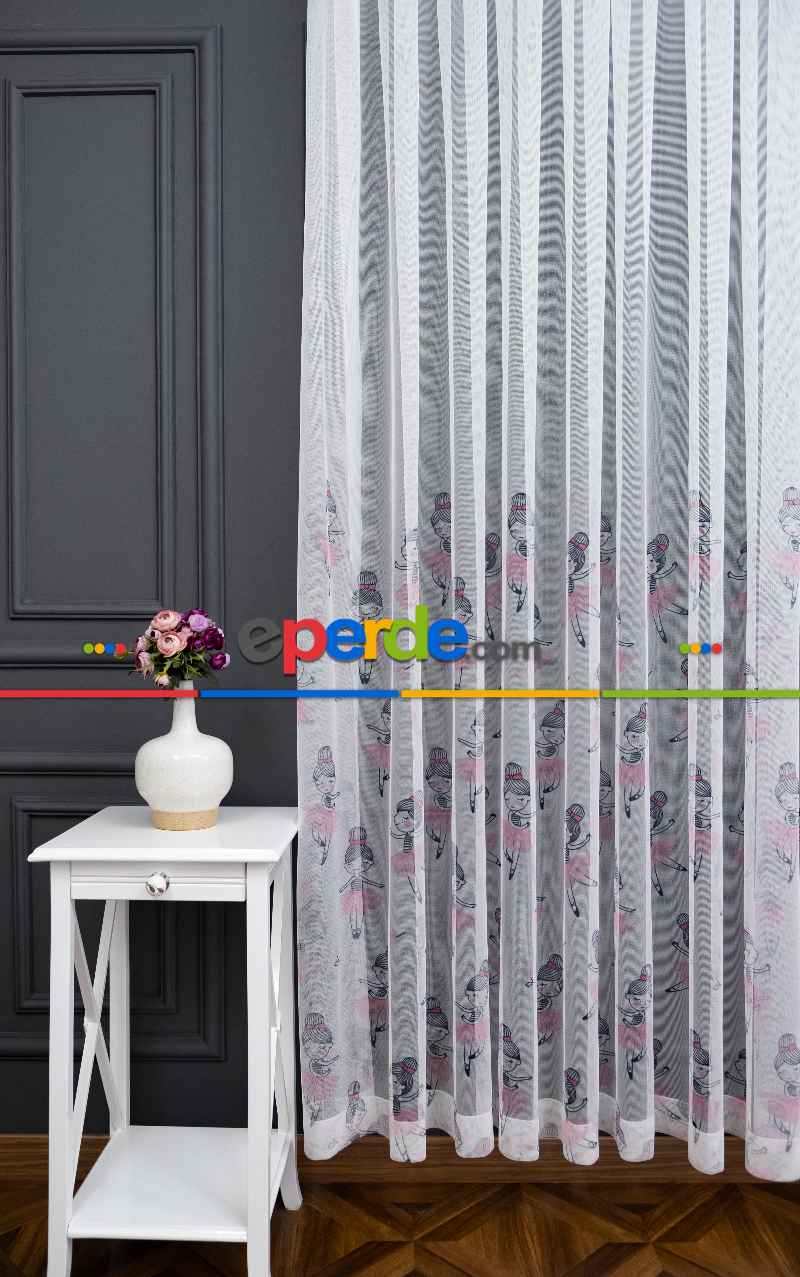 Kız Çocuk Odası Tül Perde - Petek Zemin Gri Pembe Renkli Balerin Kız Desenli Grek Baskılı Tül Perde
