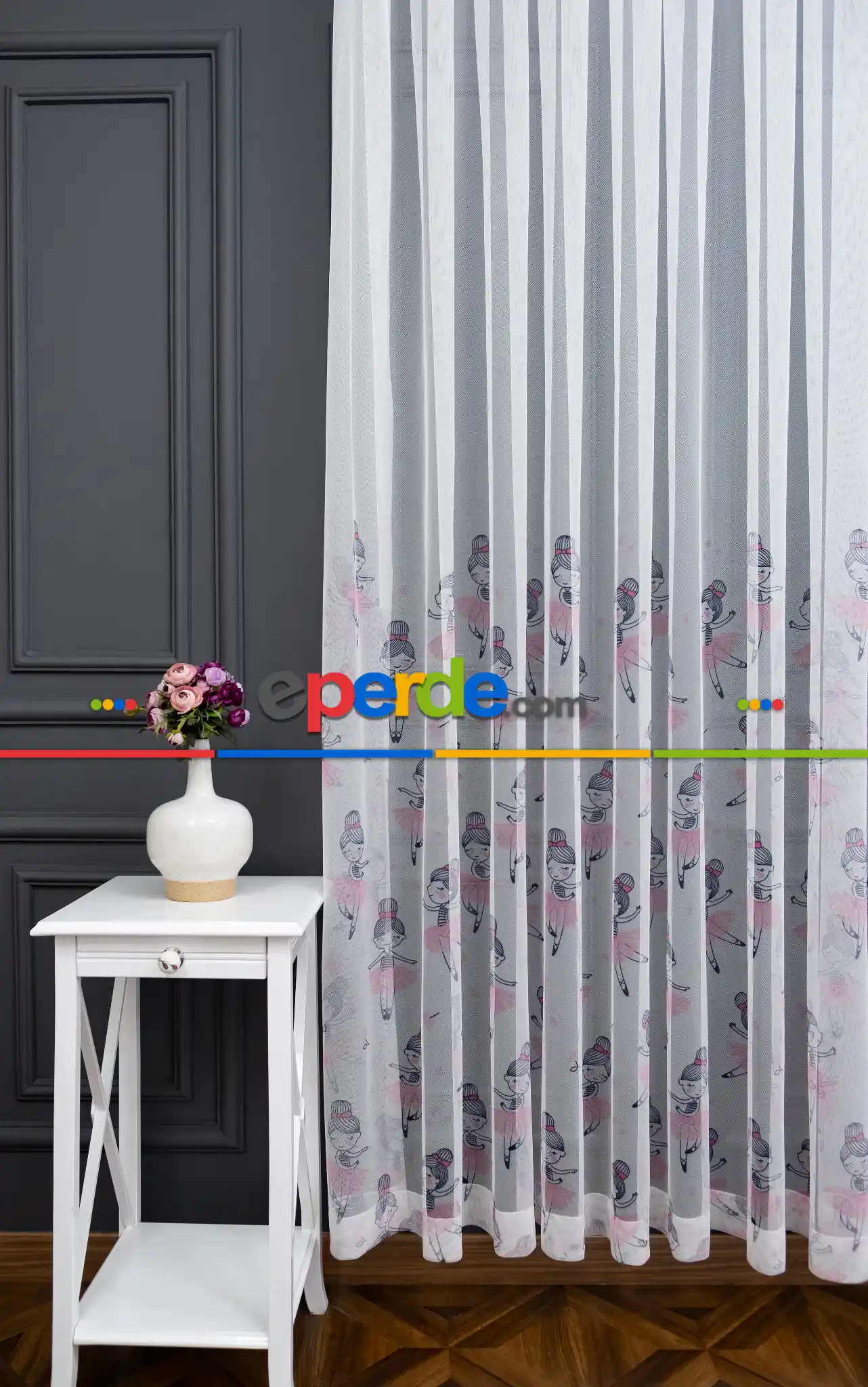 Bebek Odası -  Petek Zemin Gri Pembe Renkli Balerin Kız Desenli Grek Baskılı Tül Perde