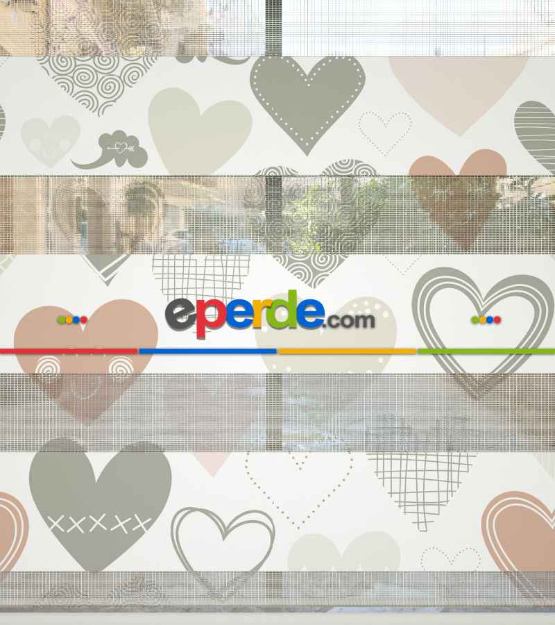 Kalp Desenli Baskılı Zebra Perde- Çok Renkli