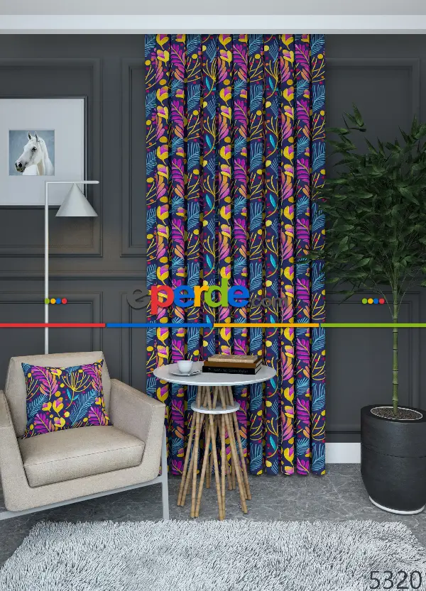 Dökümlü Kumaştan Salon - Geniş En Lacivert Zemin Yaprak Desen Perde 1. Kalite