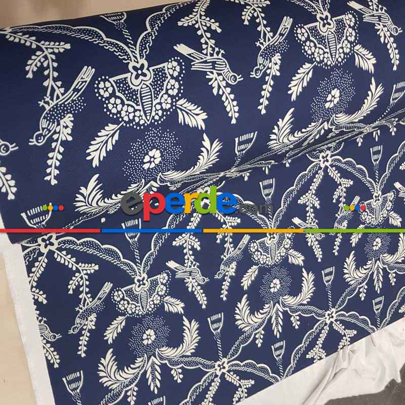 Lacivert Beyaz Kuş Desenli Fon Perde Evm716 Kumaşı Kalındır Duck Bezi Değildir- Lacivert-Beyaz