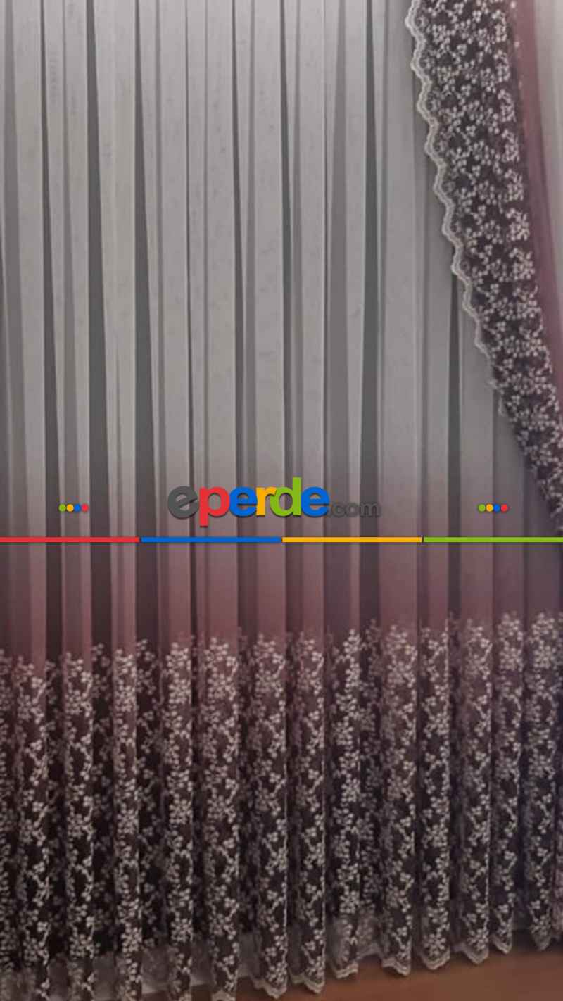Salon Tül - Degrade İşlemeli Tül Ve Fon Takım Mürdüm