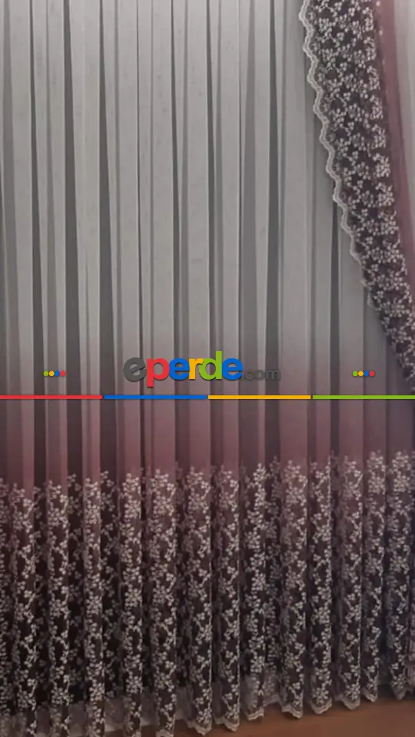 Salon Tül - Degrade İşlemeli Tül Ve Fon Takım Mürdüm