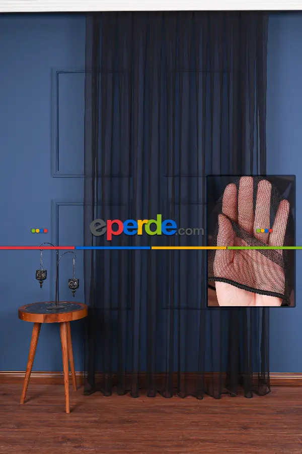 Dökümlü Siyah - Petek Zemin Grek Tül Perde