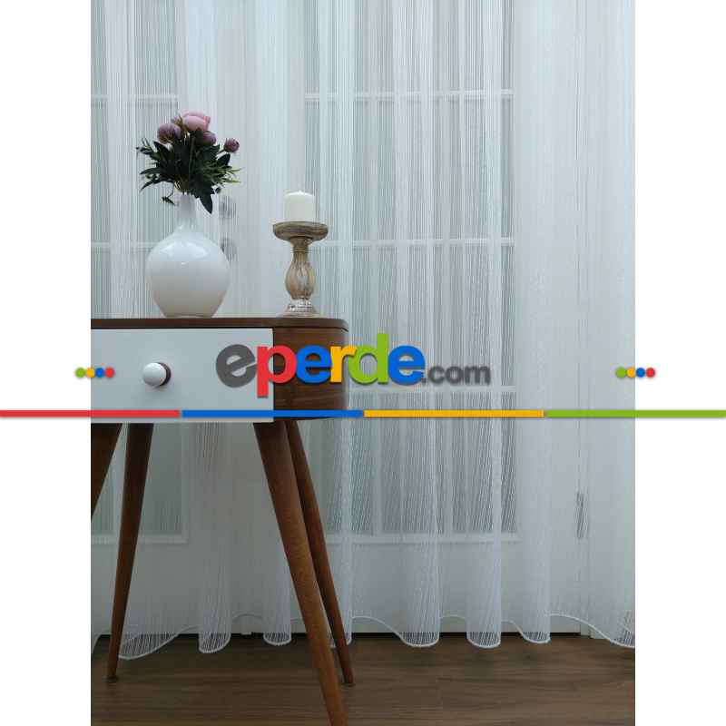 Mutfak - Çizgili Tül - Çizgi Desen Tül -ip Tül - Zincir Tül- Beyaz