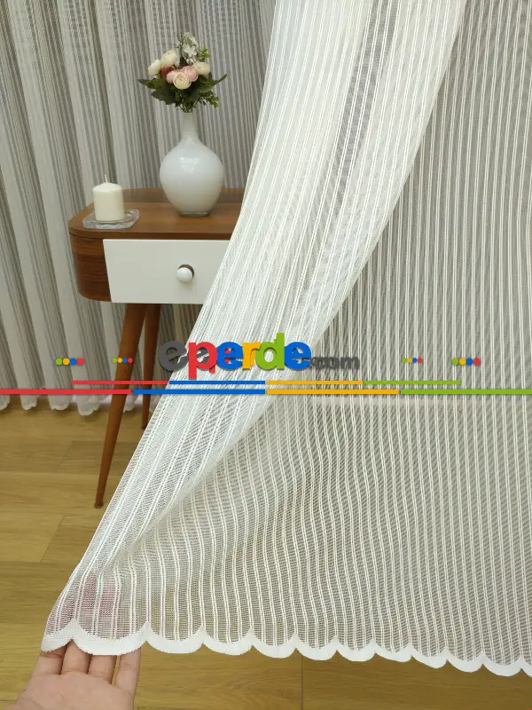 Çizgili Örme Jakarlı Tül Perde Kırık Beyaz