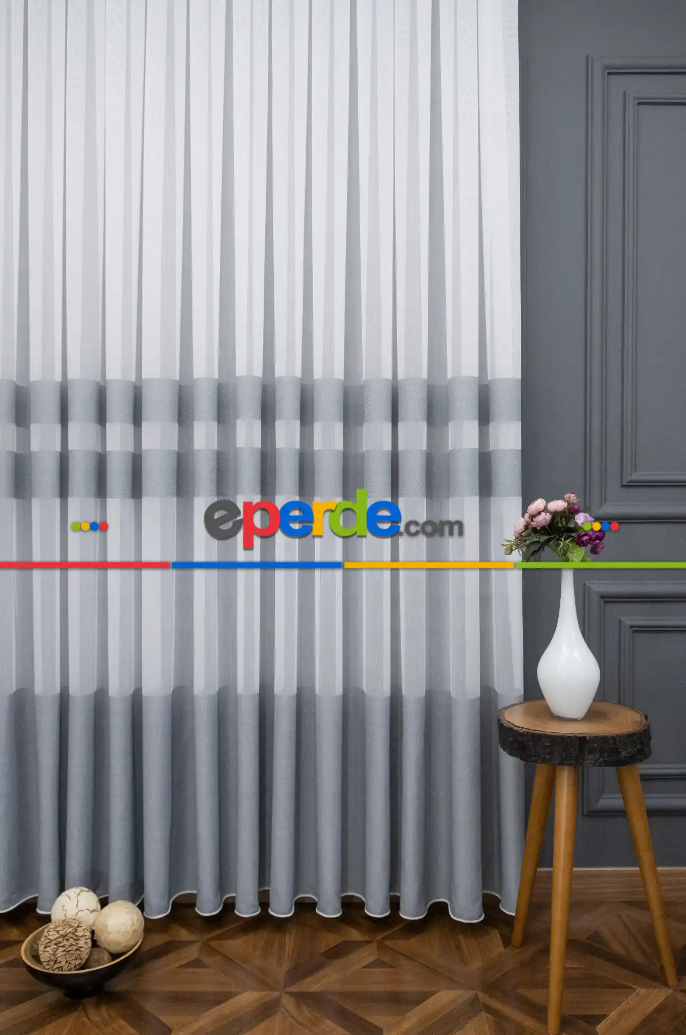 Salon Tül Perde - Modern Bantlı Gri Tül - Yüksek Kalite Tül - Enine Çizgili