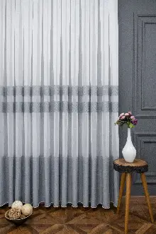 Genç Odası Modern Bantlı Gri Tül - Yüksek Kalite Tül - Enine Çizgili - Kurşunlu Tül