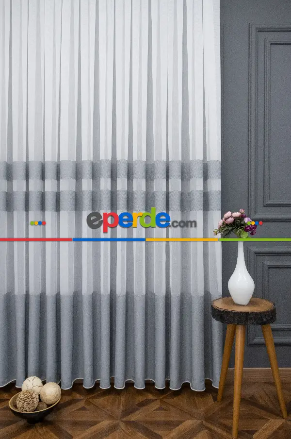 Salon Tül Perde - Modern Bantlı Gri Tül - Yüksek Kalite Tül - Enine Çizgili