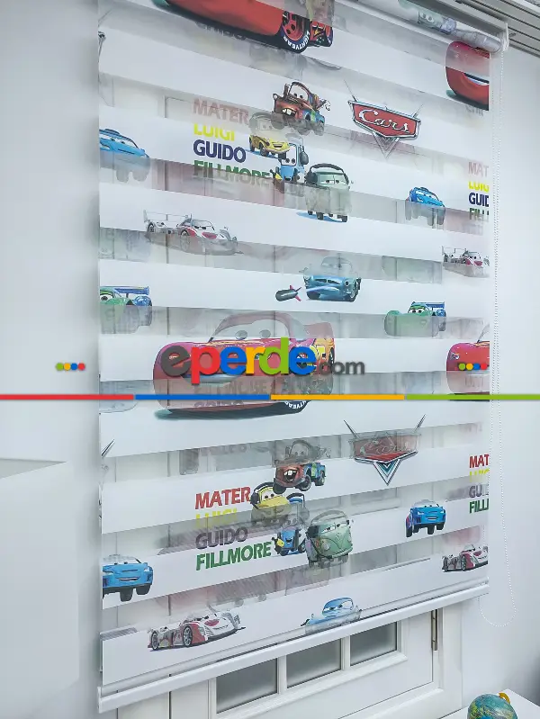Çocuk Odası - Şimşek Mcqueen Zebra Perde - Arabalar Zebra- Mavi