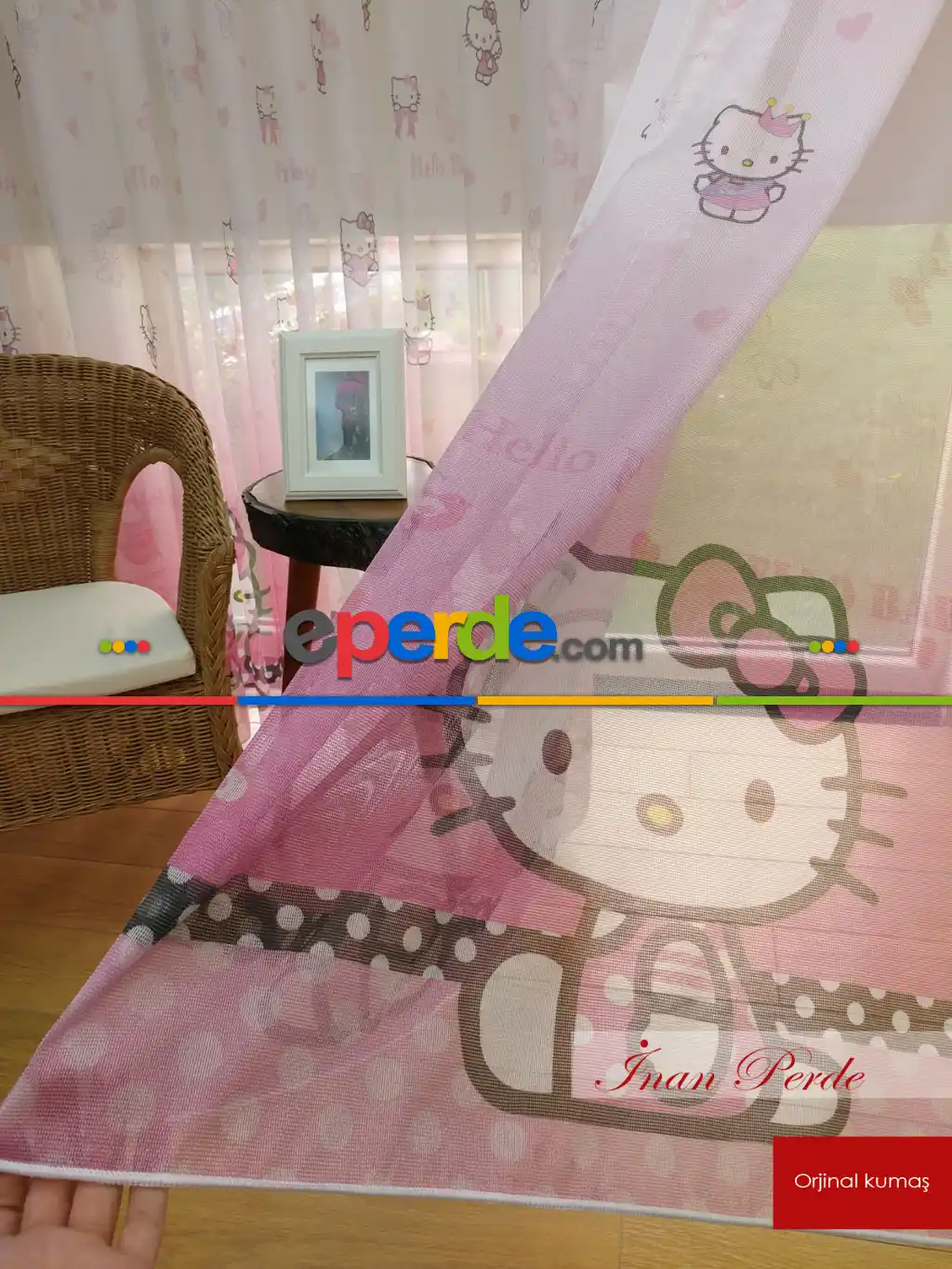 Kız Bebek Odası Tül Perde - Hello Kitty Baby Desenli Tül Perde- Pembe