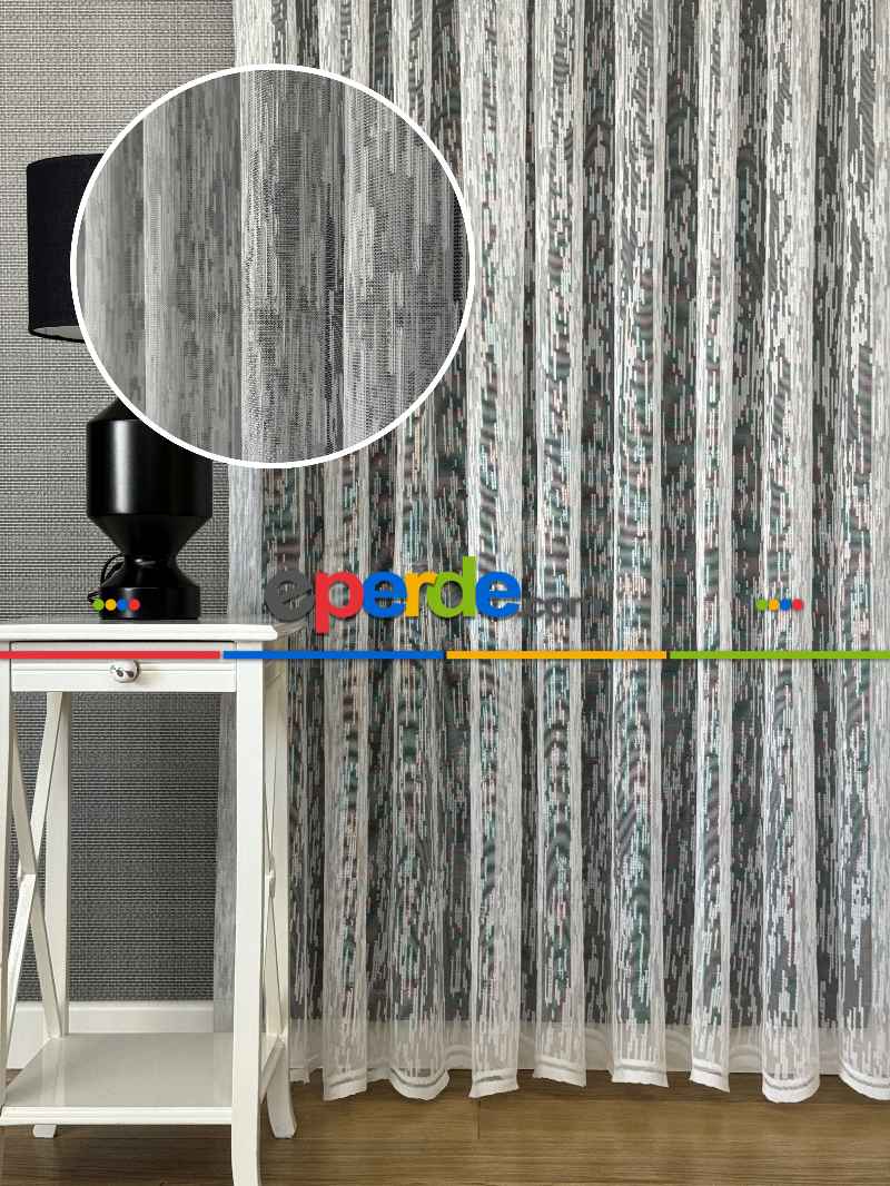 Yatak Odası Ekru Çizgili Modern Desen Örme Tül Perde